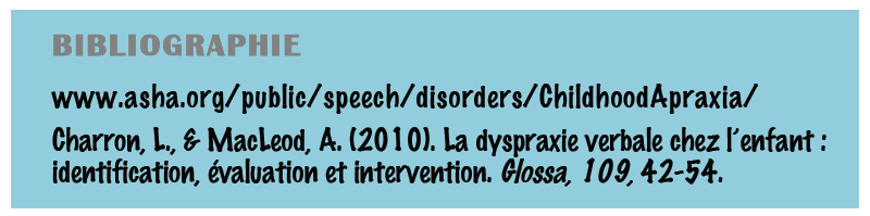 PROBLÈMES POUVANT ÊTRE ASSOCIÉS? Trouble du langage Difficulté à exprimer et/ou à comprendre le langage Dyspraxie bucco-faciale Le cerveau n’arrive pas à bien planifier les mouvements Volontaires du visage (grimace, sourire, etc.). Dyspraxie motrice Le cerveau n’arrive pas à bien planifier les mouvements volontaires du corps (bras, jambes, etc.).
